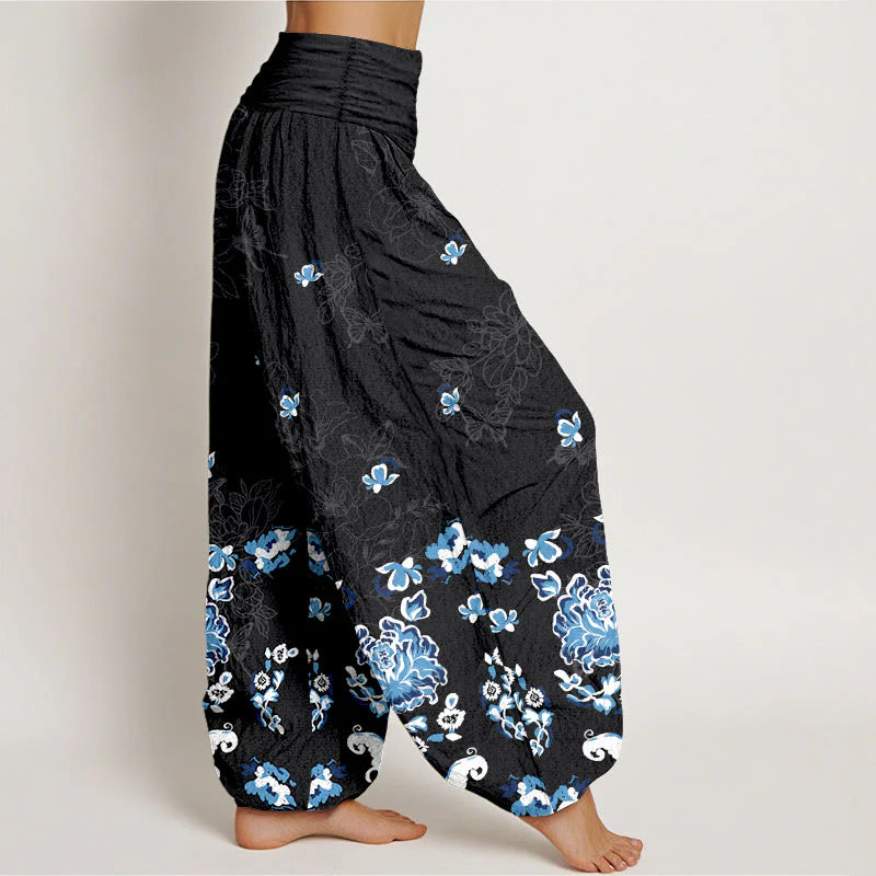 Buddha Stones Pure Cotton Elegant Classic Flower Butterfly Pattern Women's Elastic Waist Harem Pants