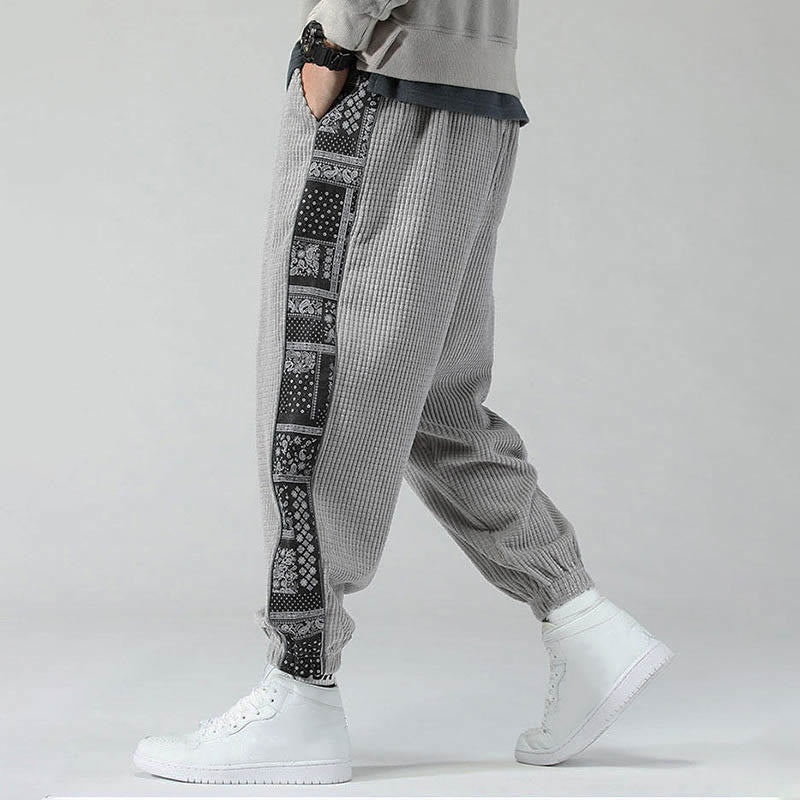 Buddha Stones Fall Solid Drawstring Side Paisley Pattern Straight Leg Ankle-length Corduroy Men's Pants With Pockets