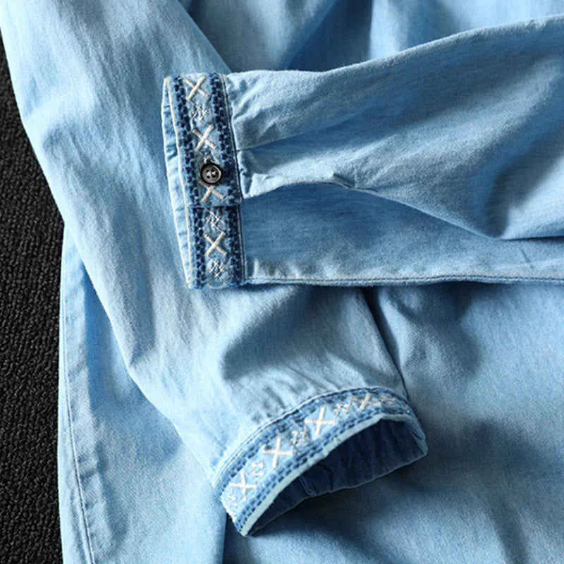 Buddha Stones Geometry Floral Embroidery Cotton Denim Half Buttons Long Sleeve Women's Shirt