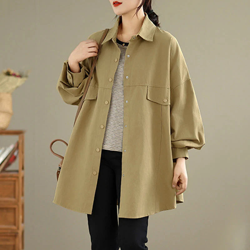 Buddha Stones Fall Pure Color Lapel Button Simple Design Women's Cotton Long Sleeve Jacket