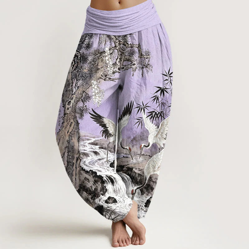 Buddha Stones Pure Cotton Red-crowned Crane Stream Pattern Women's Elastic Waist Harem Pants