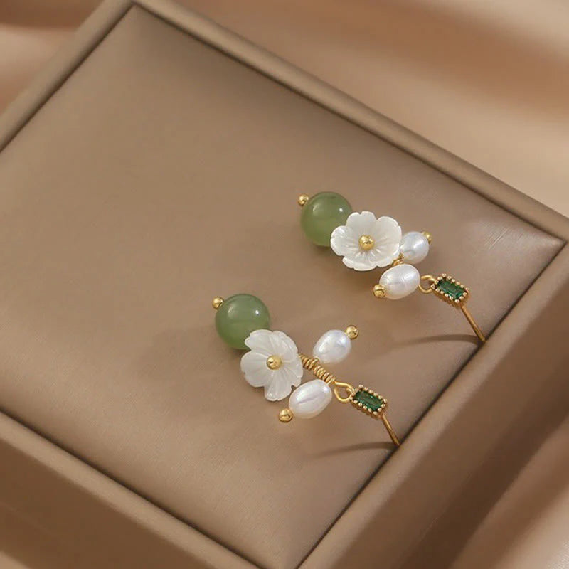 Buddha Stones Hetian Jade Pearl Bead Flower Prosperity Abundance Earrings