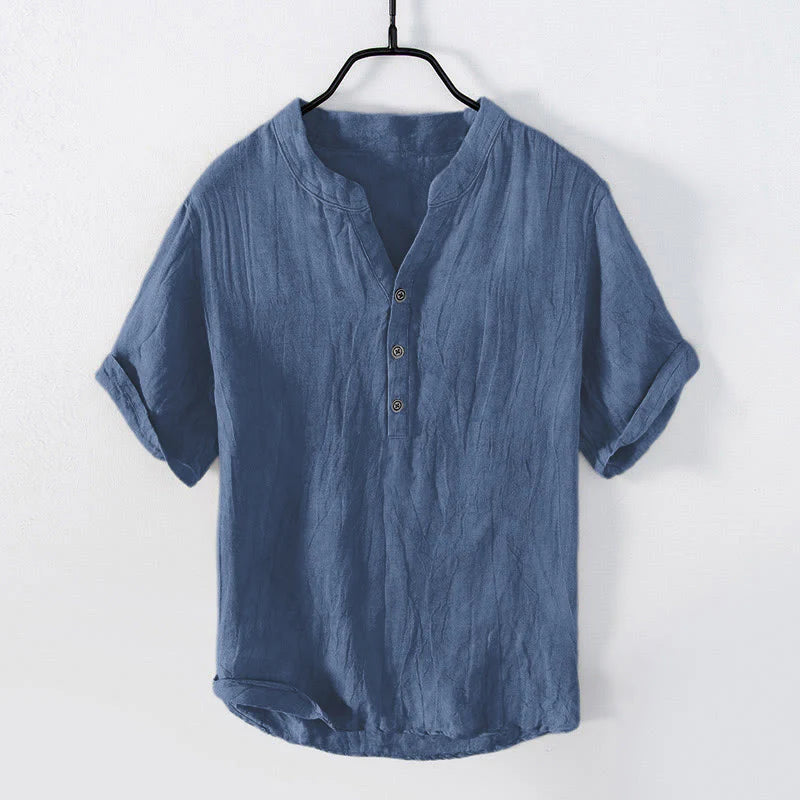 Buddha Stones Solid Color Short Sleeve Half Button Shirt Cotton Linen Men Clothing