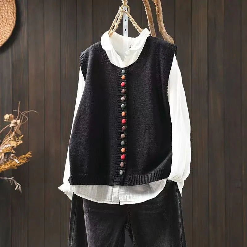 Buddha Stones Colorful Buttons Women's Sleeveless Cotton Knitted Vest Waistcoat