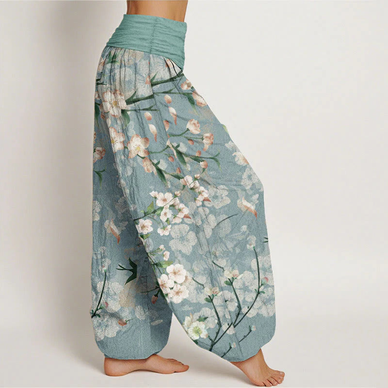 Buddha Stones Cotton Peach Blossoms Flying Geese Pattern Women's Elastic Waist Harem Pants