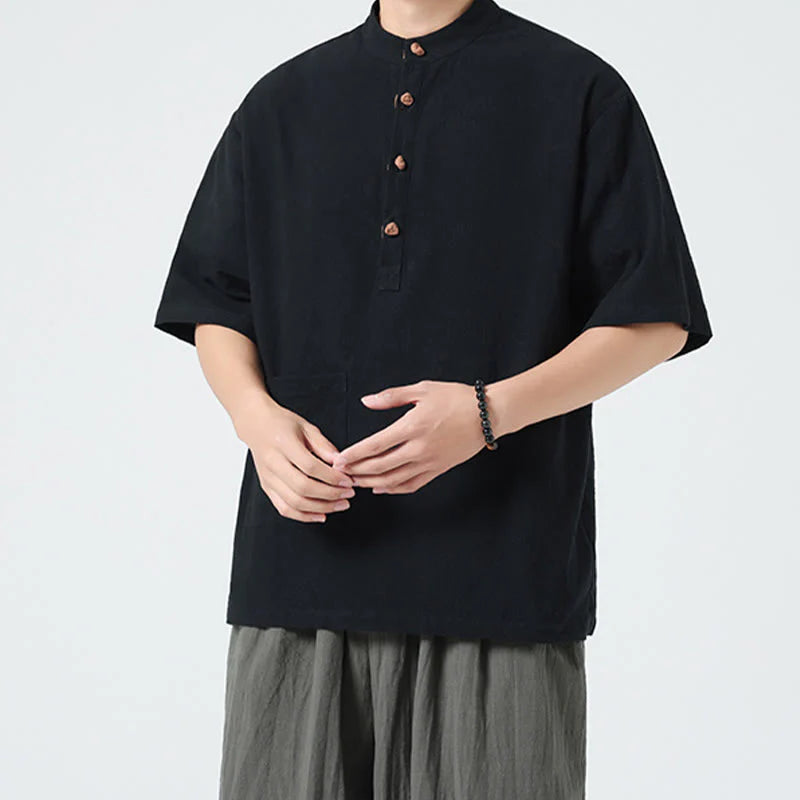 Buddha Stones Casual Half Frog-Button Design Stand Collar Tang Suit Men's Half Sleeve Cotton Shirt With Pocket