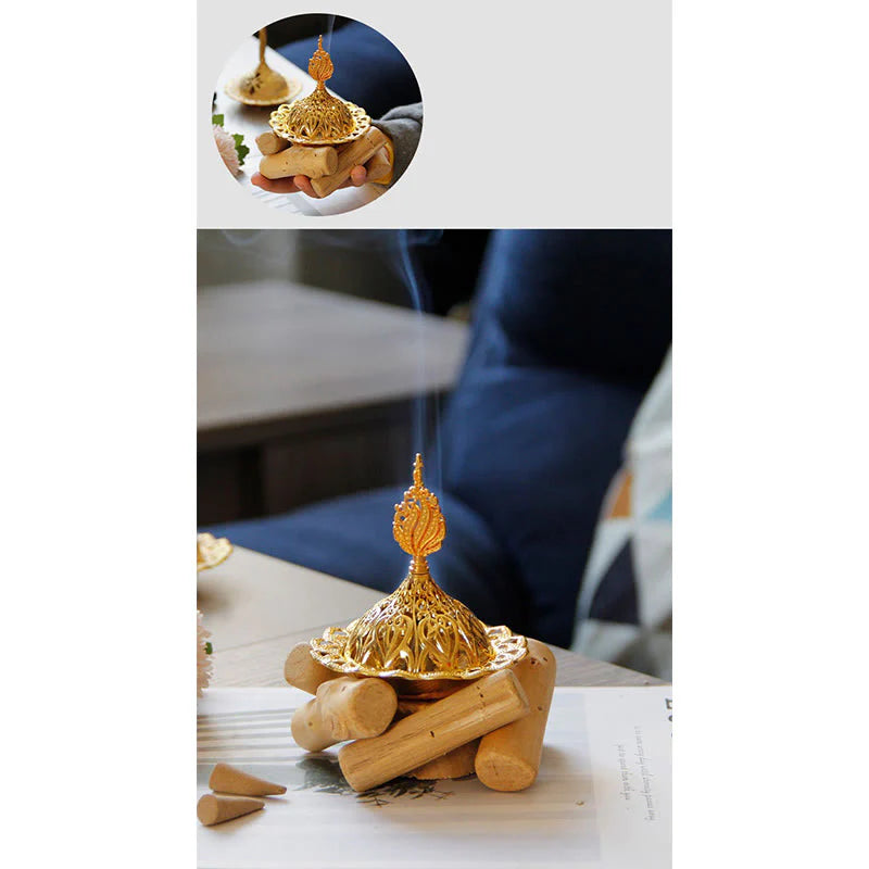 Buddha Stones Gold Alloy Healing Mini Incense Burner With Wooden Coaster Home Decor