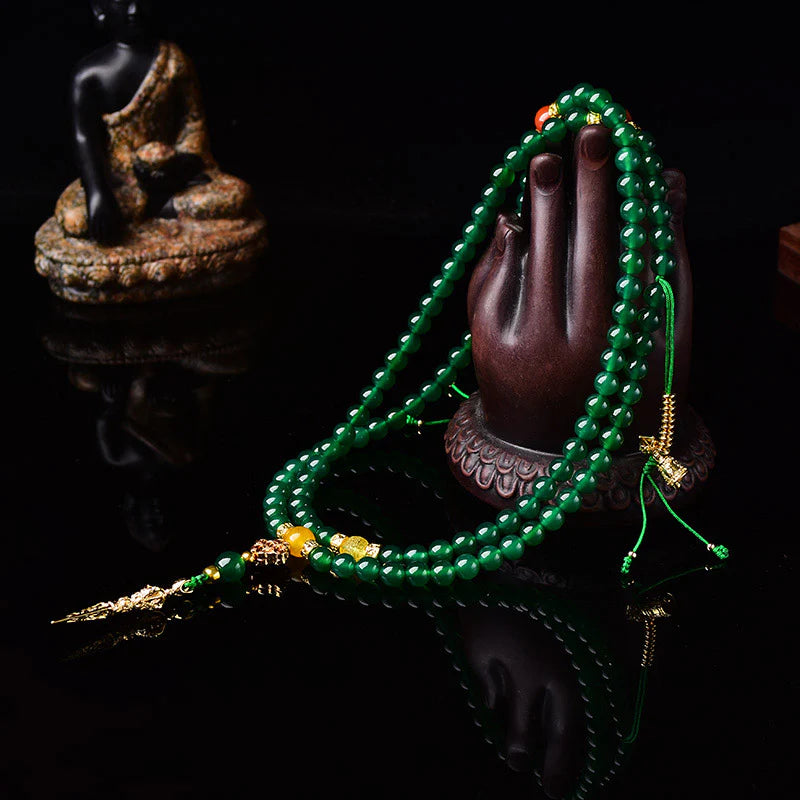 Buddha Stones 108 Beads Natural Green Agate Success Bracelet Mala