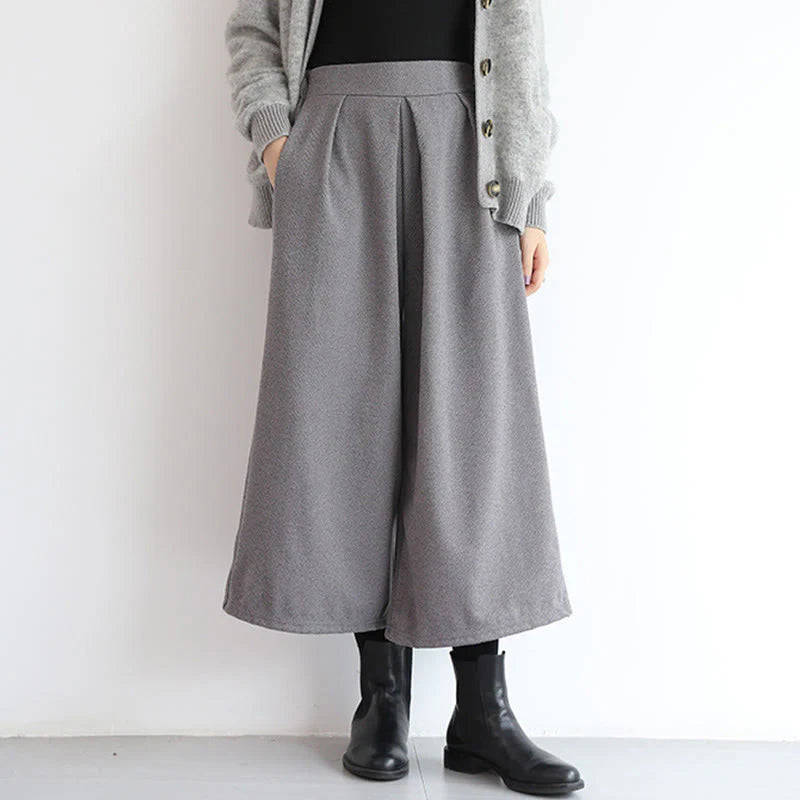 Buddha Stones Plain Elastic Waistband Design Women's 7-8 Length Wide Leg Pants With Pockets