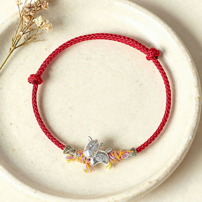 Buddha Stones Year of the Horse 999 Sterling Silver Winged Horse Fu Character Red String Luck Bracelet