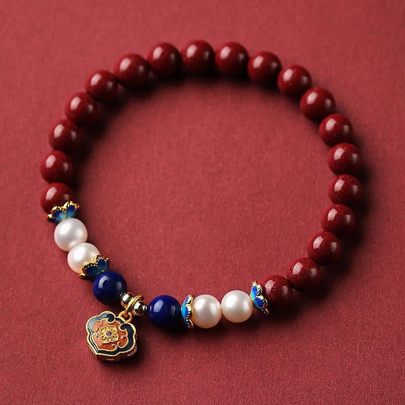 Buddha Stones Cinnabar Lapis Lazuli Chinese Lock Charm Blessing Bracelet