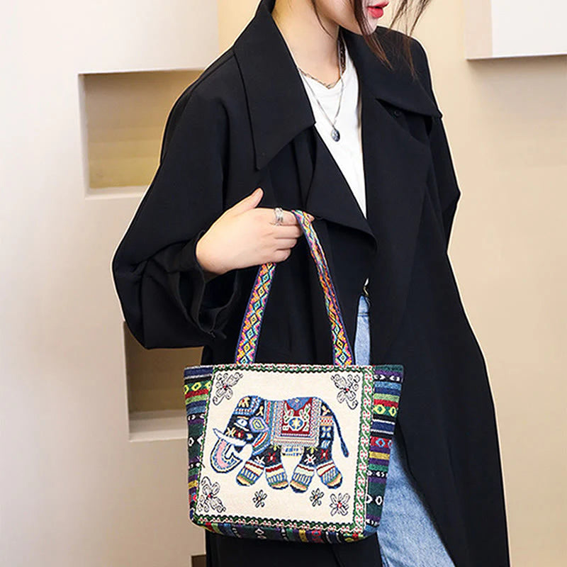 Buddha Stones Elephant Butterfly Embroidered Large Capacity Canvas Tote Bag Shoulder Bag