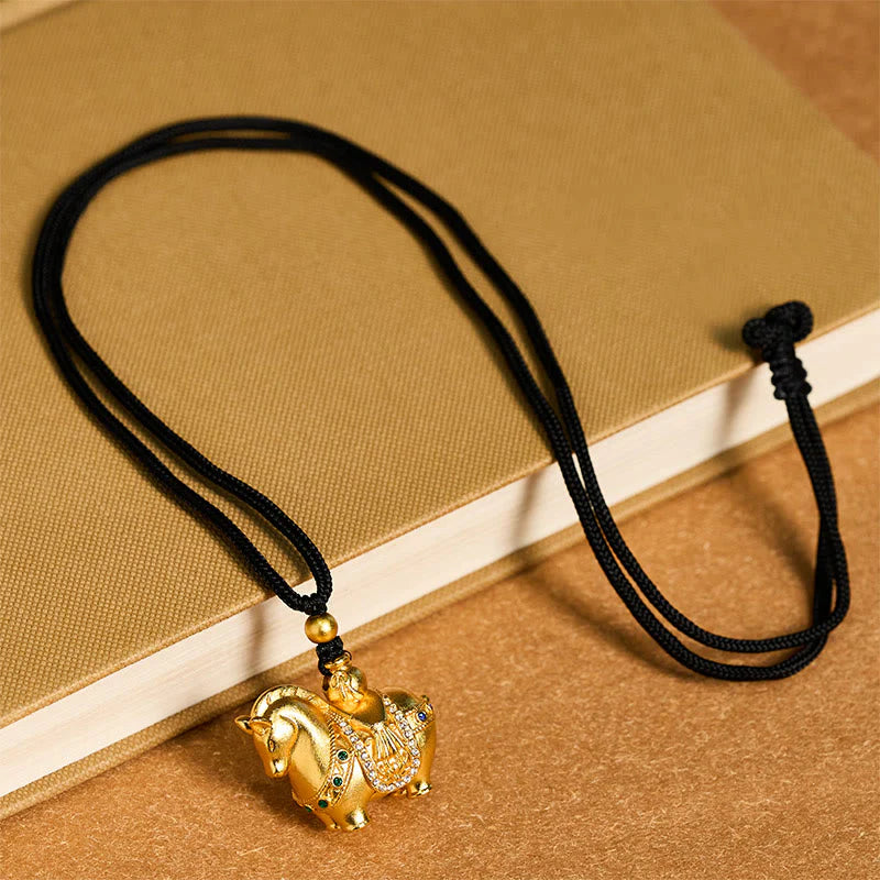Buddha Stones Year Of The Horse 24k Gold Plated Brass Rope Cord Necklace Pendant