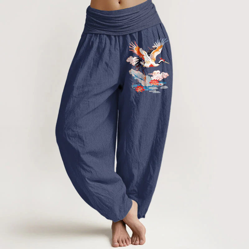 Buddha Stones Pure Cotton Colourful Crane Lotus Leaf Flower Cloud Pattern Women's Elastic Waist Harem Pants