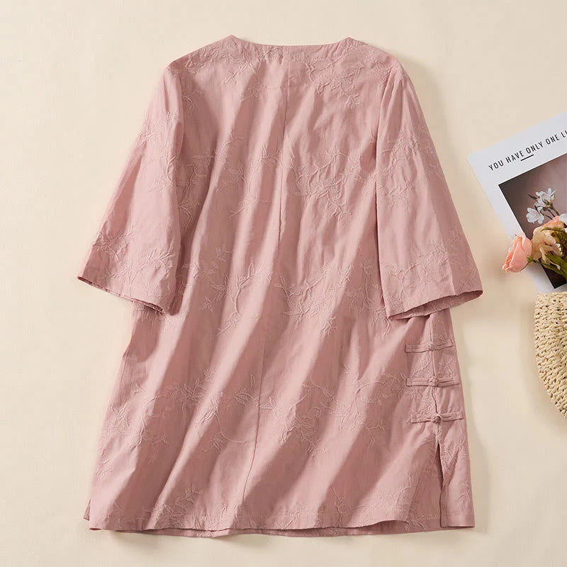 Buddha Stones Spring V-Neck Long Sleeve Leaf Pattern Women's Cotton Shirt