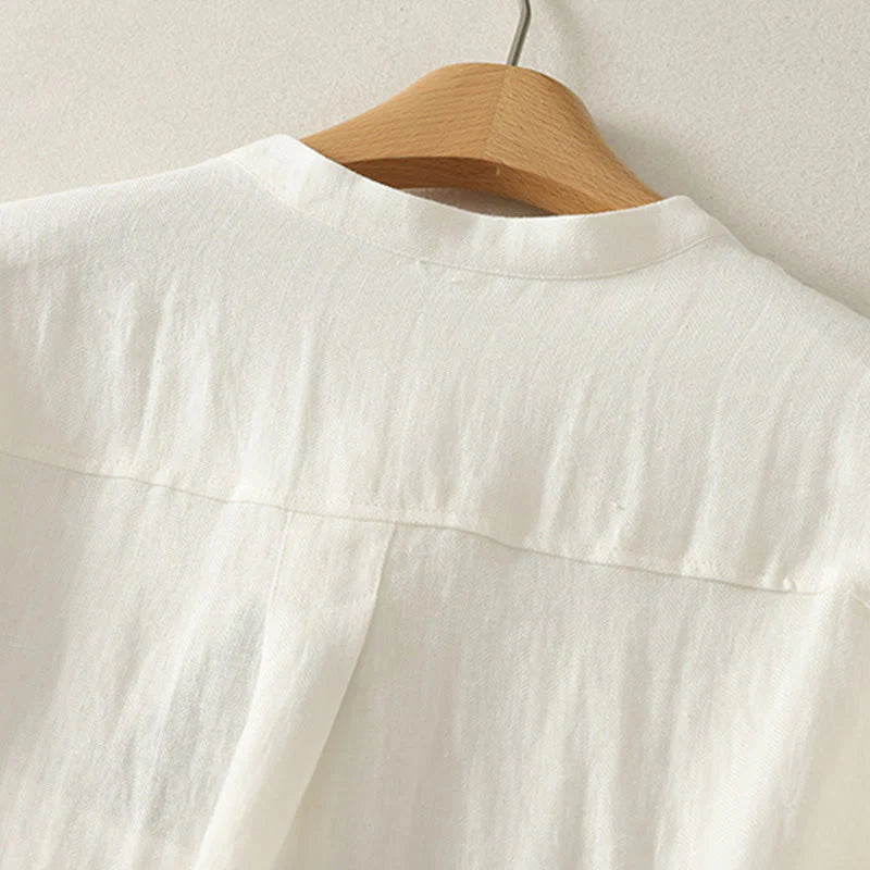 Buddha Stones Spring Plain V-Neck Long Sleeve Women's Cotton Shirt