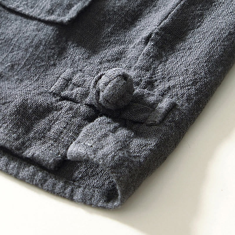 Buddha Stones Solid Color Men's Buttons Long Sleeve Cotton Linen Shirt With Pockets