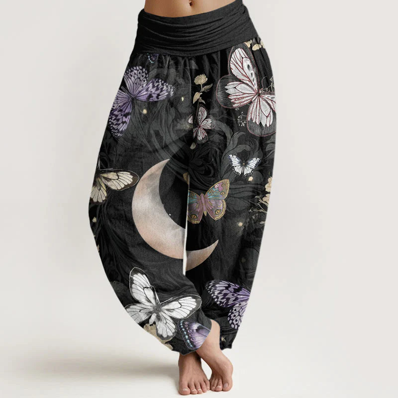 Buddha Stones Cotton Butterfly Flowers Crescent Moon Pattern Design Women's Elastic Waist Harem Pants