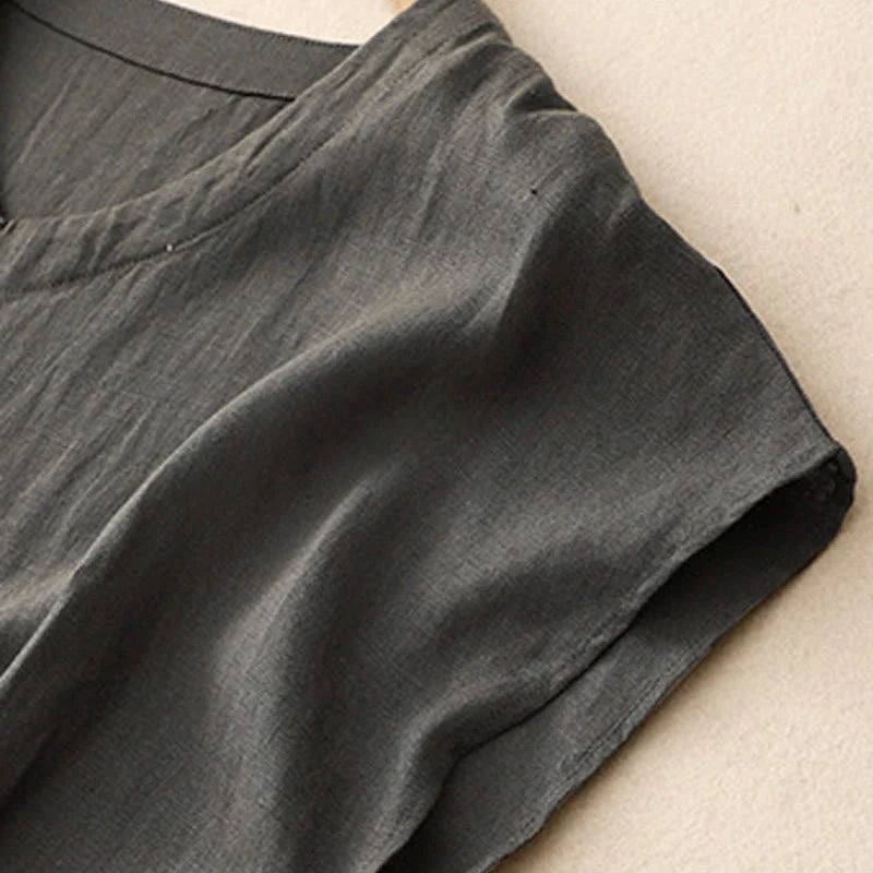 Buddha Stones Casual Artistic Solid Color Simple Design High Waist Short Sleeve Cotton Linen Midi Dress With Pockets