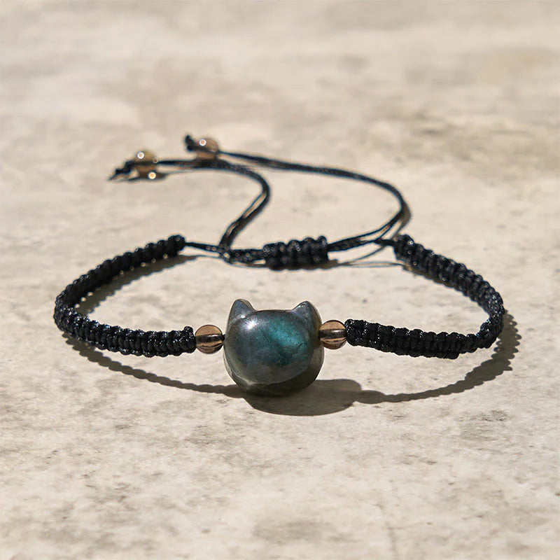 Buddha Stones Natural Labradorite Cute Cat Head Black Rope Healing Bracelet