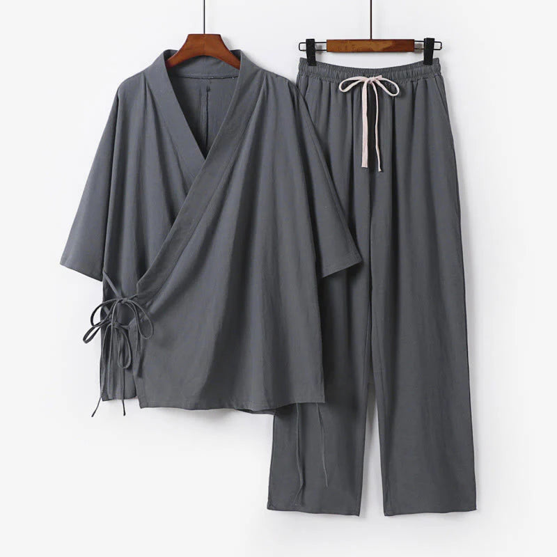 Buddha Stones 2Pcs Fall Lace-up Three Quarter Sleeve Cotton Kimono Drawstring Pants With Pockets Men's Meditation Cloth Set