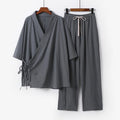 Buddha Stones 2Pcs Fall Lace-up Three Quarter Sleeve Cotton Kimono Drawstring Pants With Pockets Men's Meditation Cloth Set