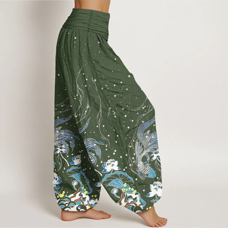 Buddha Stones Cotton Starry Sky Koi Fish Lotus Waves Pattern Women's Elastic Waist Harem Pants