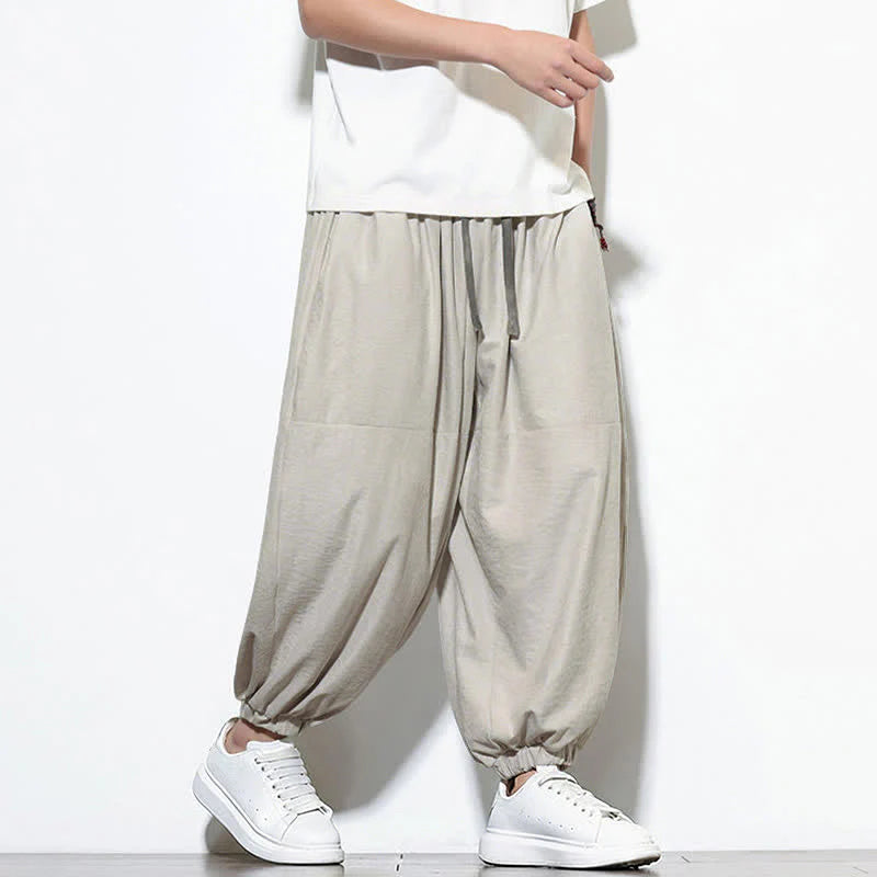 Buddha Stones Spring Solid Color Drawstring Cropped Men's Harem Cotton Pants With Pockets