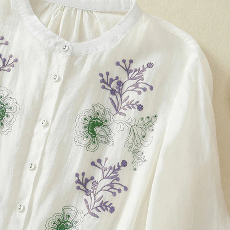 Buddha Stones Embroidery Pleated Design Stand Collar Three Quarter Sleeve Side Slit Hem Women's Cotton Shirt