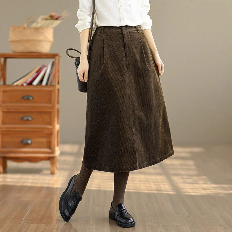 Buddha Stones Pure Color Elastic Waist Women's 7-8 Length Corduroy Skirt With Pockets