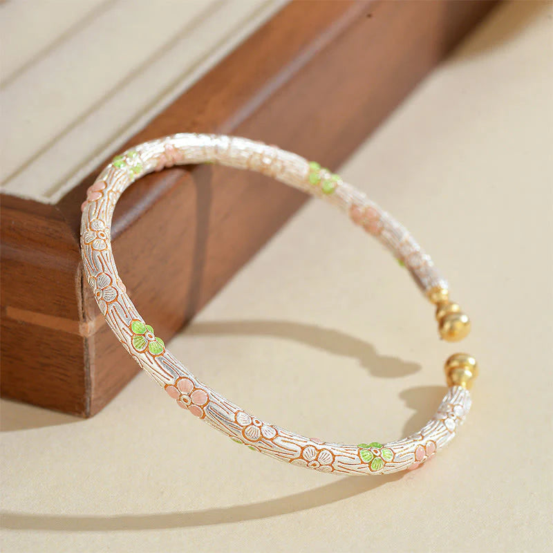Buddha Stones Copper Handmade Enamel Flower Open Luck Bracelet Bangle