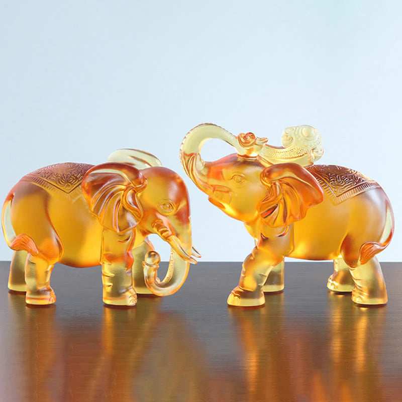 Buddha Stones Yellow Liuli Crystal Elephant Trunk Up Down Design Strength Home Decoration