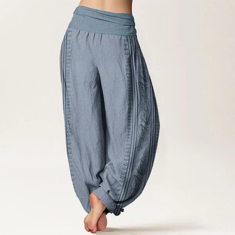 Buddha Stones Pure Cotton Dharma Wheel Lotus OM Pattern Women's Elastic Waist Harem Pants