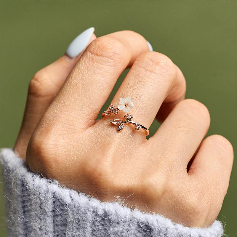 Buddha Stones White Flower Design Adjustable Healing Copper Ring