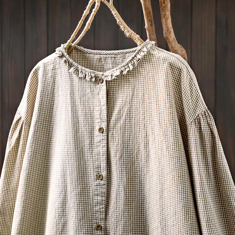 Buddha Stones Spring Small Plaid Buttons Down Long Sleeve Women's Cotton Shirt