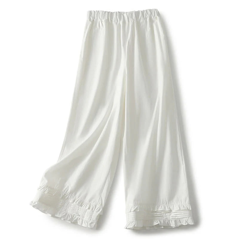 Buddha Stones Artistic Commute Pure Color Ruffled Hem Design Women's Cotton Linen Pants With Pockets