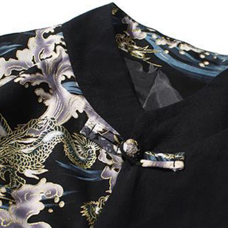 Buddha Stones Printed Color Contrast Dragon Pattern Frog-button Long Sleeve Men's Cotton Jacket