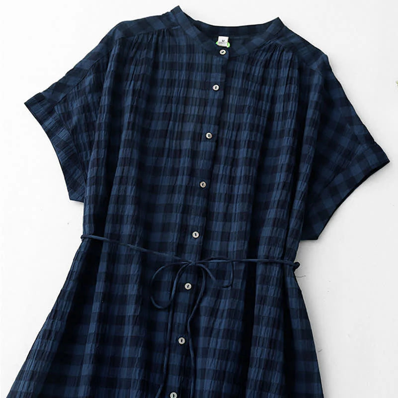 Buddha Stones Spring Gingham Knee Length Women's Short Sleeve Dress With Tie Waist Chiffon Hem