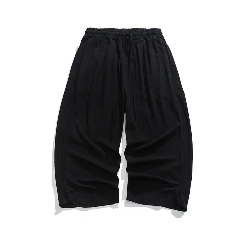 Buddha Stones Summer Plain Drawstring Design Linen Cotton Men's 7-8 Length Pants With Pockets