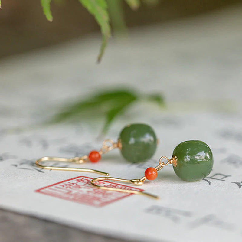 Buddha Stones 925 Sterling Silver Plated 14k Gold Hetian Jade Red Agate Luck Drop Dangle Earrings