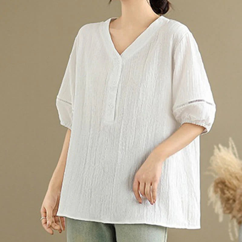 Buddha Stones Casual Plain Button V-Neck Women's Polyester Short Sleeve Shirt