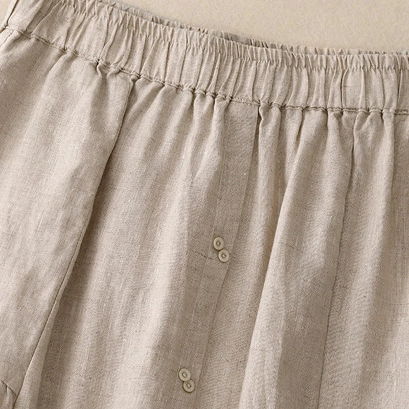 Buddha Stones A-line Buttons Slit Design Elastic Waist Cotton Women's Skirt With Pockets