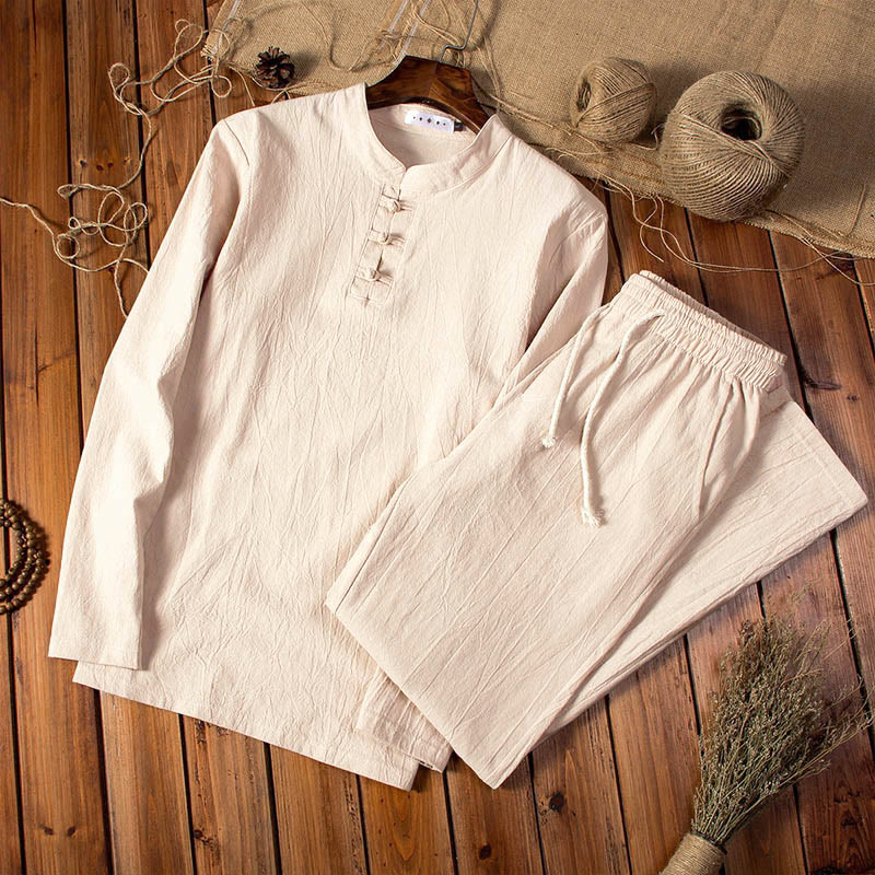 Buddha Stones Pure Color Long Sleeve Top Pants Clothing Men's Set