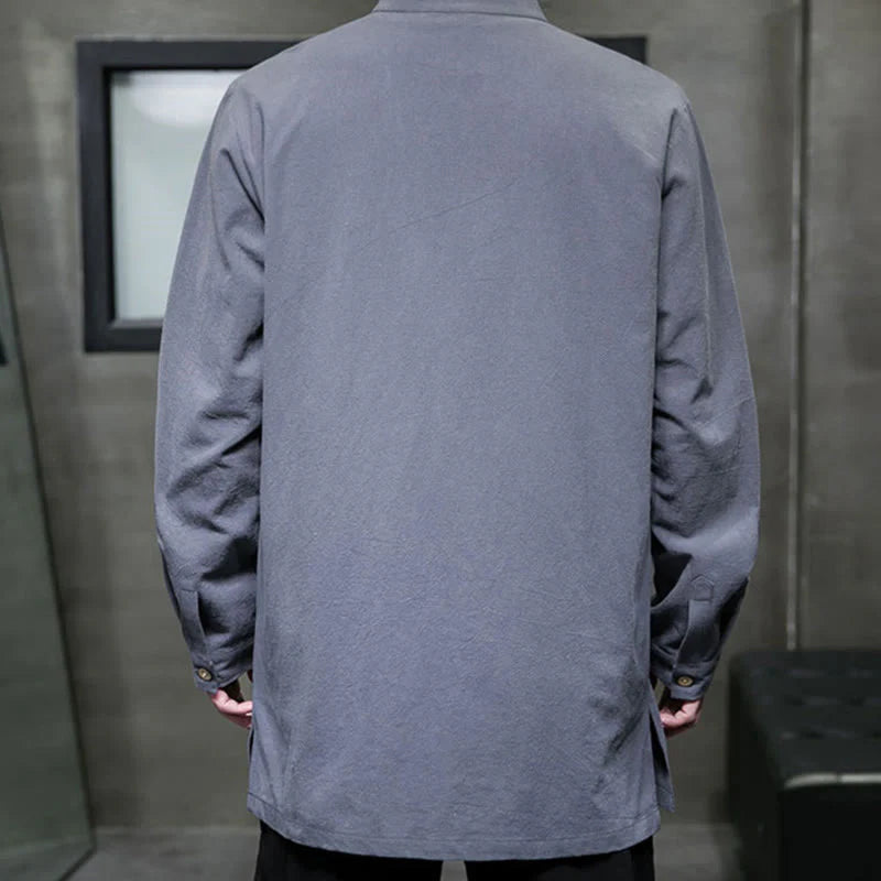 Buddha Stones Simple Tang Suit Plain Chinese Frog-Button Men's Cotton Long Sleeve Jacket Shirt