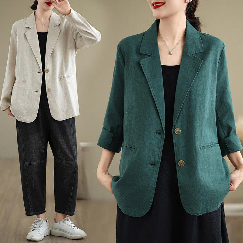 Buddha Stones Spring Solid Color Long Sleeve Cotton Linen Women's Jacket With Pockets