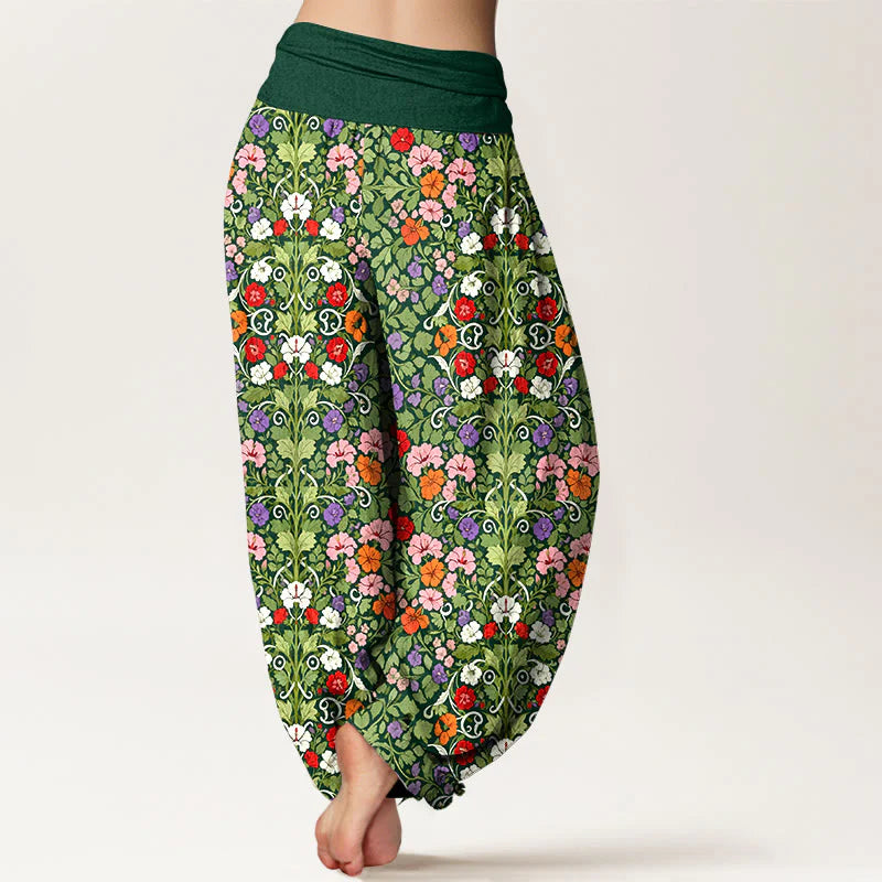 Buddha Stones Cotton Softly Colored Flower Leaf Pattern Women's Elastic Waist Harem Pants