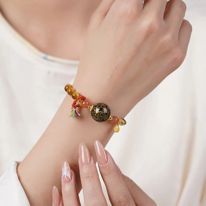 Buddha Stones Tibetan  Lacquer Bead Hand-woven Tiger Eye Stone Protection Bracelet