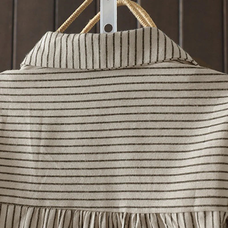 Buddha Stones Fall Stripe Stand Collar Buttons Women's Long Sleeve Shirt With Pocket