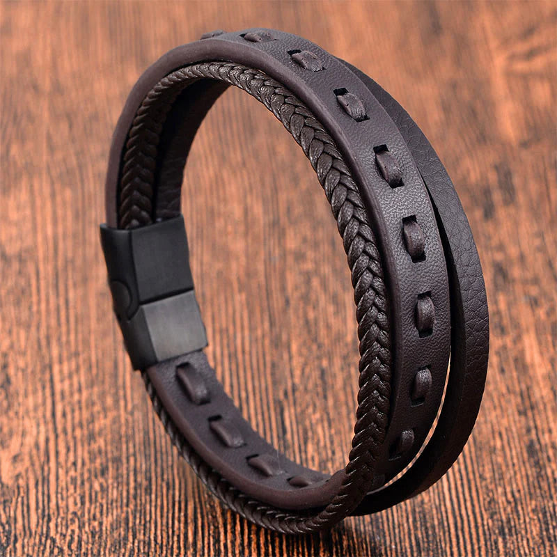 Buddha Stones Titanium Steel Buckle Multilayered Braided Leather Calm Bracelet