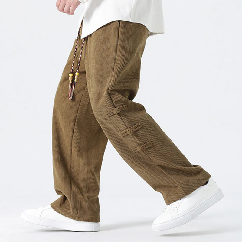 Buddha Stones Fall Solid Frog-Button Men's Drawstring Corduroy Straight Leg Pants With Pockets